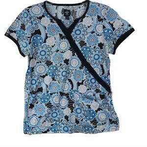 Med Couture Mock Wrap Print Scrub Top SMALL Blue Floral Women's Medical Scrubs